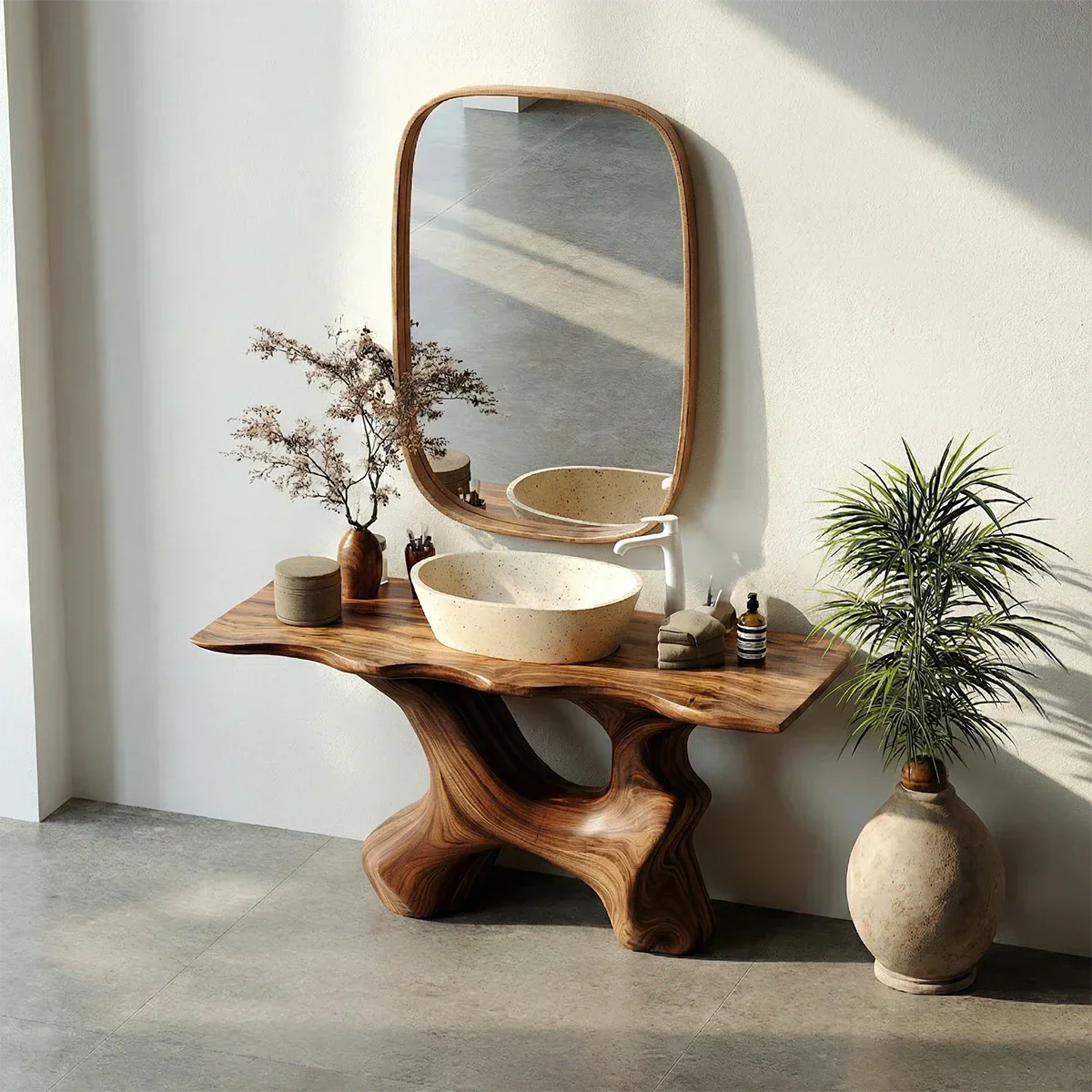 Modern organic walnut vanity with natural wood texture
