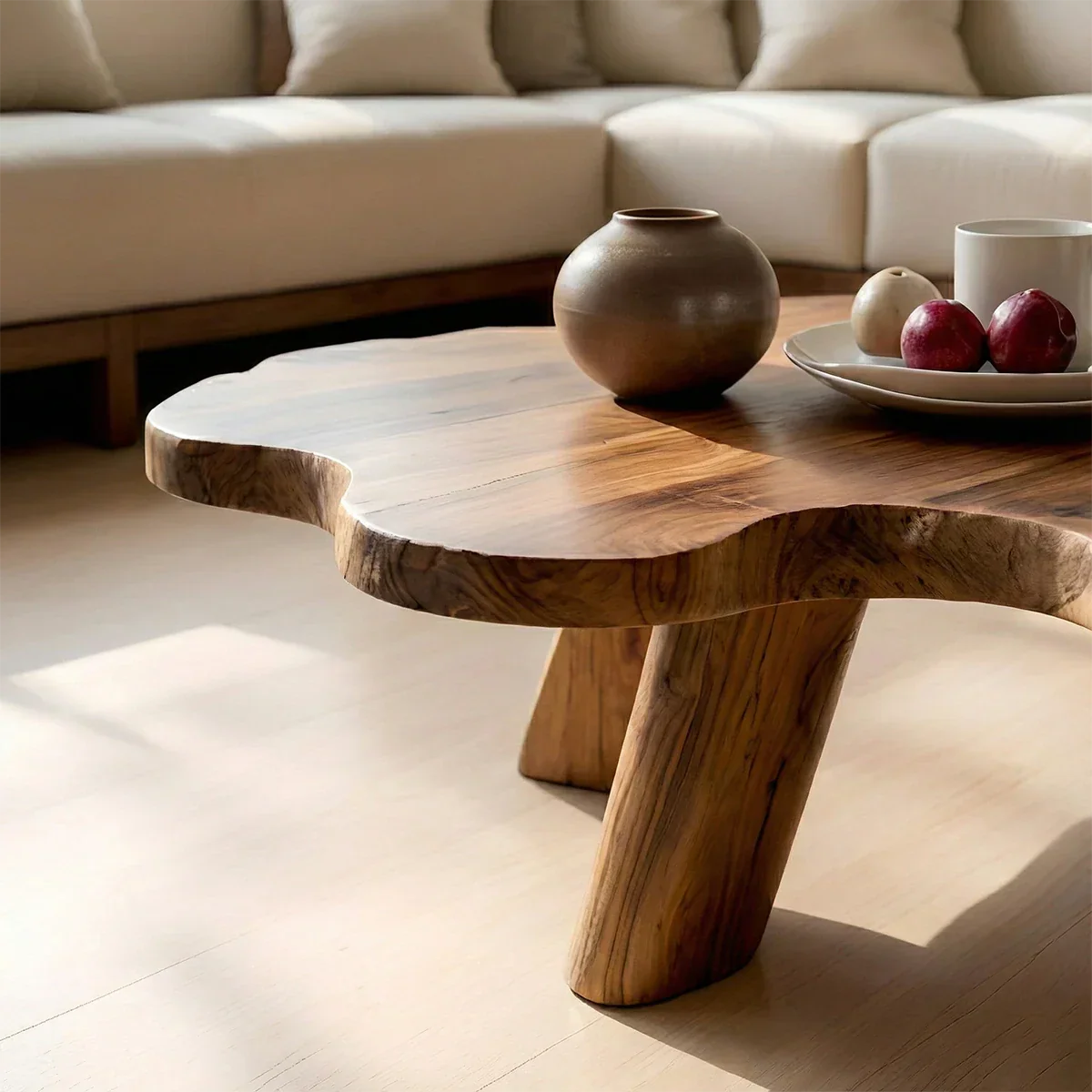 Sculptural walnut table with artisan wood base