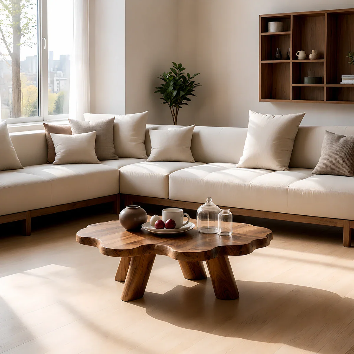 Japandi Low Coffee Table – Solid Wood Organic Minimalist Living Room Table