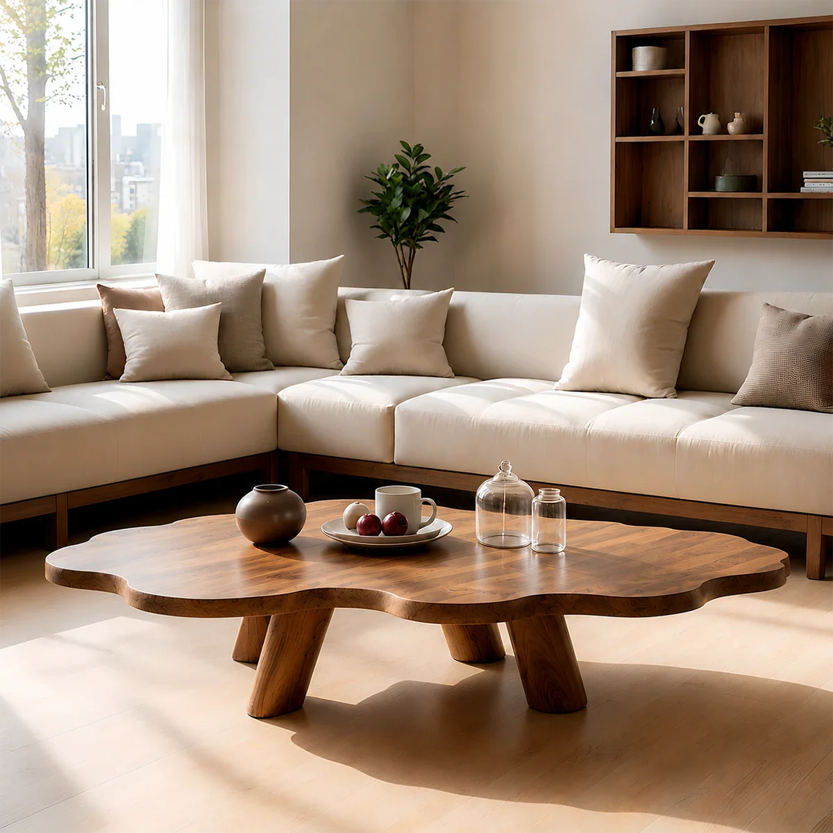 Japandi Low Coffee Table – Solid Wood Organic Minimalist Living Room Table