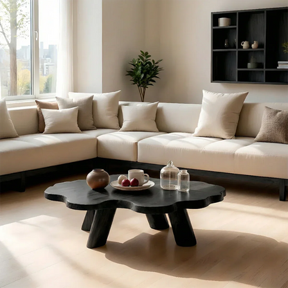 Walnut wood table with sculpted base structure