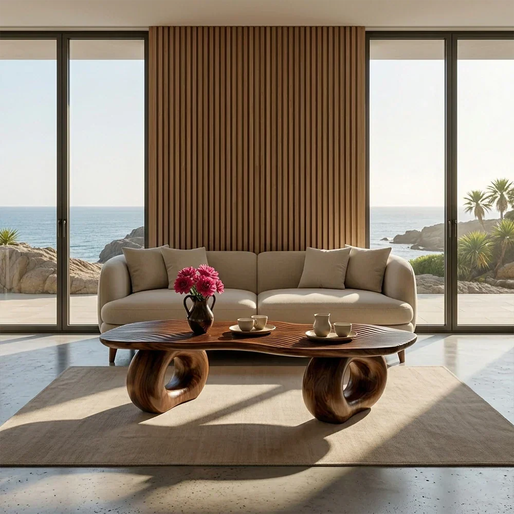 Modern living room with a beige sofa, wooden coffee table, and ocean view.