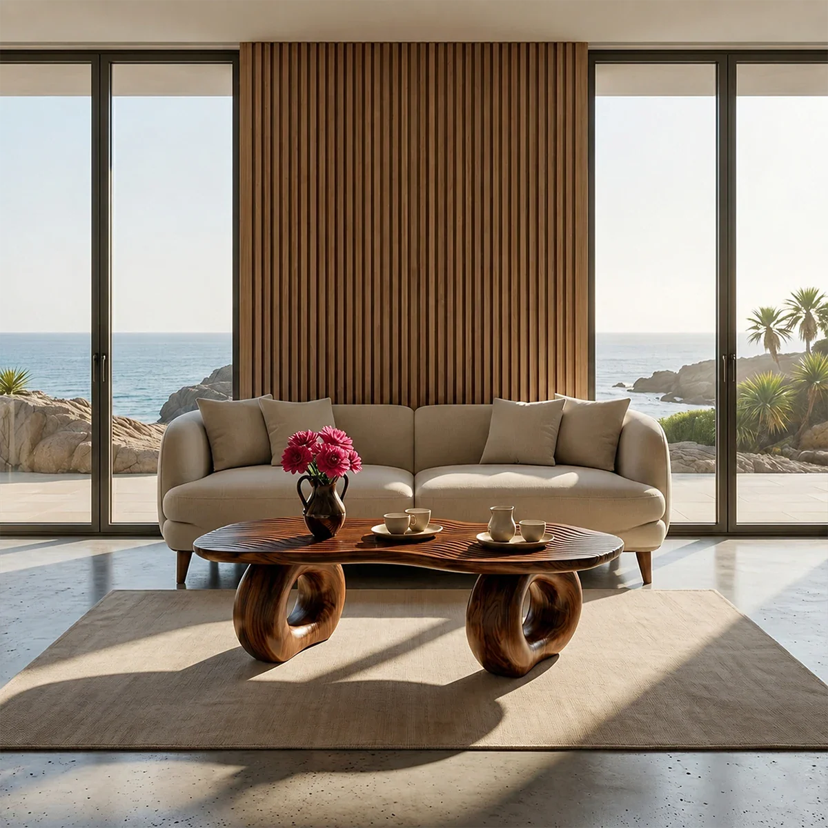 Sculptural Coffee Table with Carved Wood Surface – Artistic Center Table for Living Room