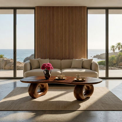Sculptural Coffee Table with Carved Wood Surface – Artistic Center Table for Living Room