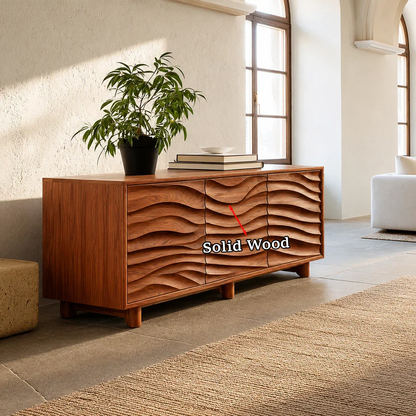 Minimalist buffet cabinet with sculptural wave detailing and concealed storage space