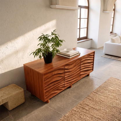 Modern storage sideboard with handcrafted sculpted surfaces and elegant room presence