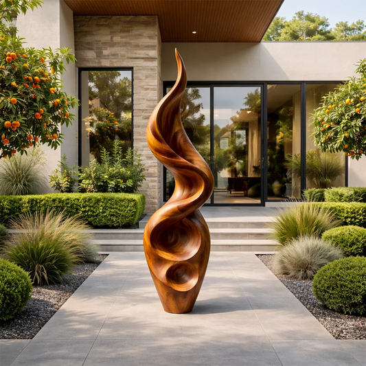 Elegant outdoor abstract sculpture placed along garden pathway featuring smooth brown tone finish