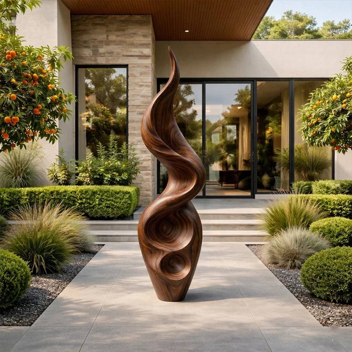 Luxury garden art sculpture with dynamic twisting motion and rich walnut tone finish