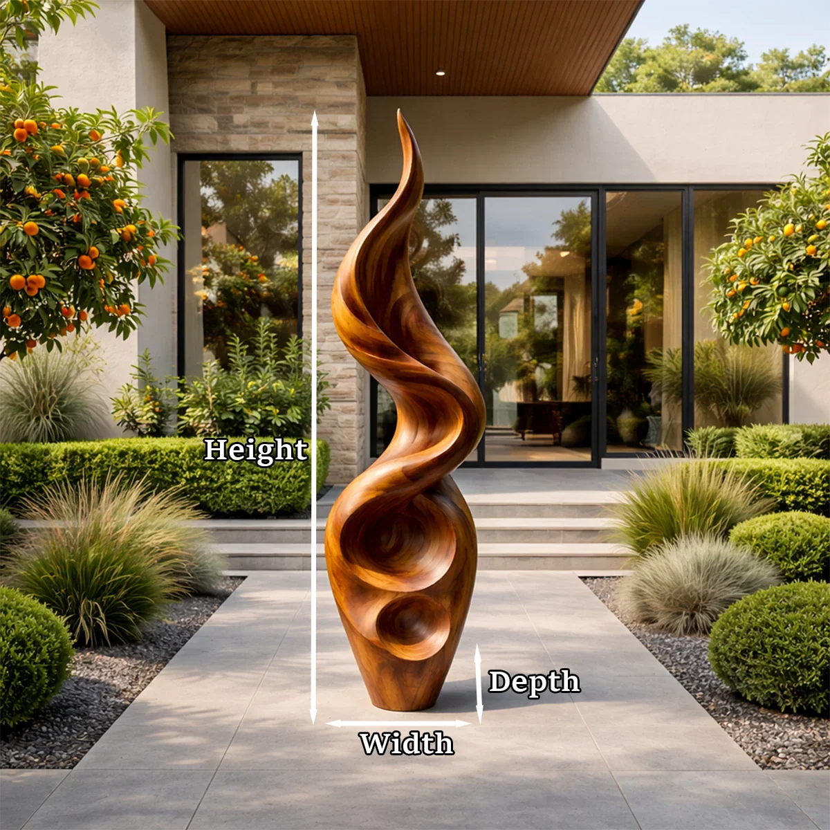 Statement yard sculpture featuring bold flowing profile and refined brown tone finish