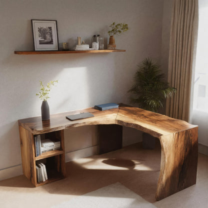 Rustic Live Edge L Shaped Desk With Bookshelf For Workspace