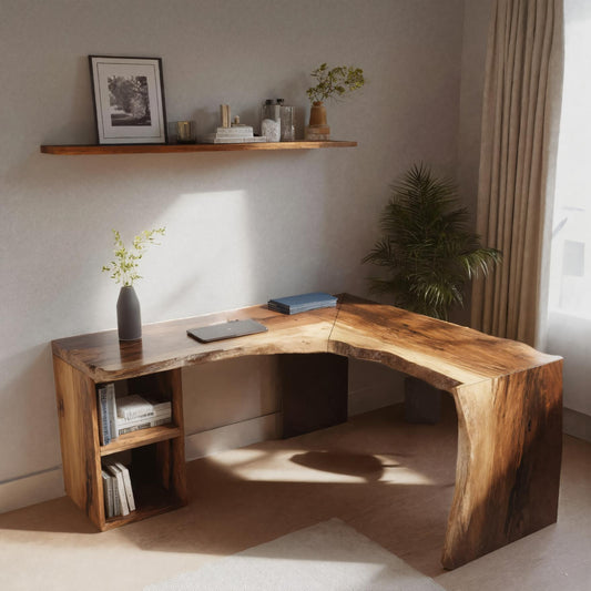 Rustic Live Edge L Shaped Desk With Bookshelf For Workspace
