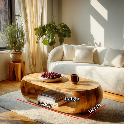 Compact coffee table with smooth oval form and open storage for modern home comfort