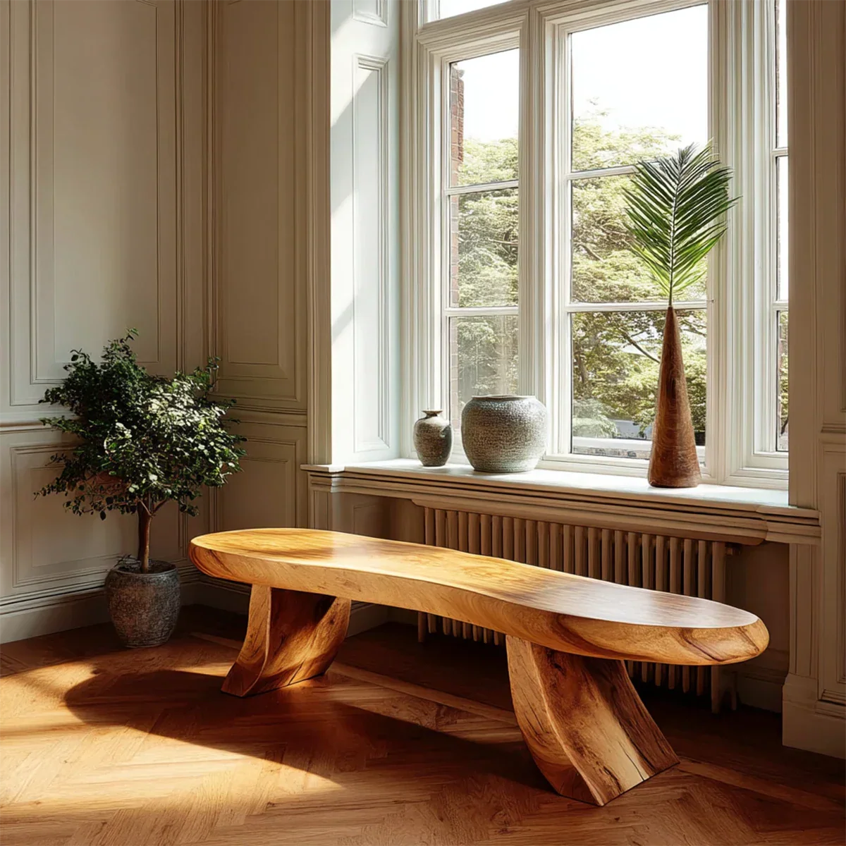 Oval organic bench featuring smooth elongated seat and warm oak tone finish entryway seating