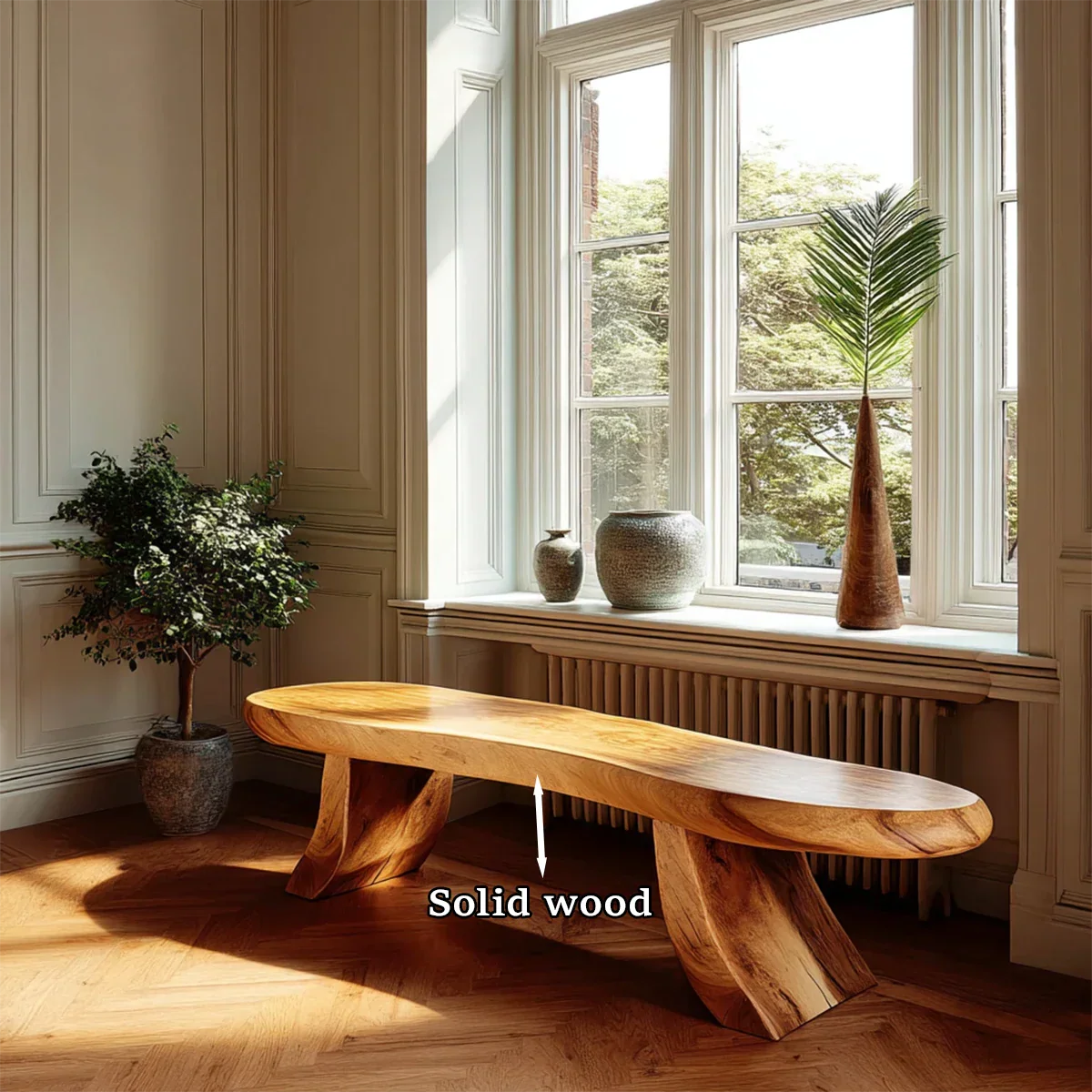 Decorative modern bench featuring elongated curved seat and polished oak tone finish
