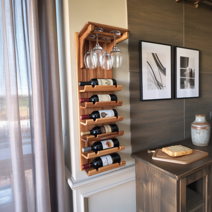 Wall Mounted Wooden Wine Rack With Glass Holder For Kitchen Or Home Bar