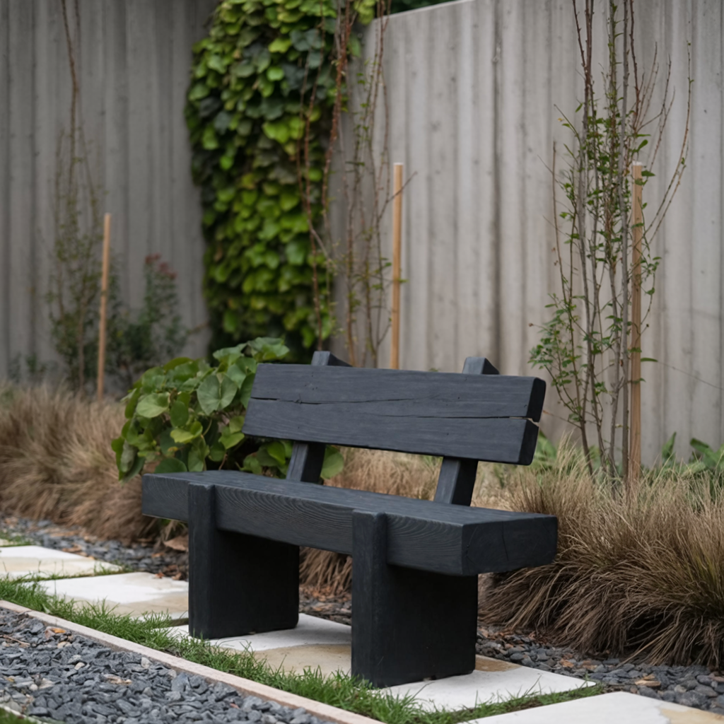 Modern Solid Wood Outdoor Bench With Charred Finish For Garden Or Patio