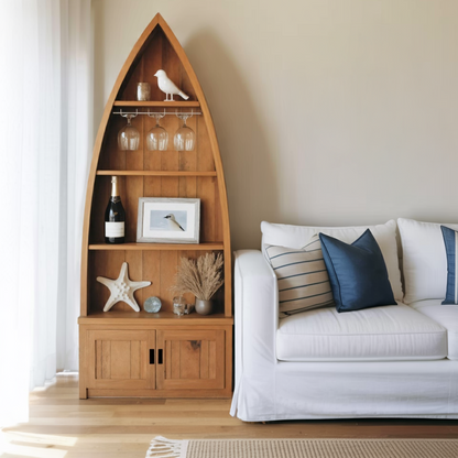 Boat Shaped Display Cabinet With Storage Drawers For Living Room And Entryway