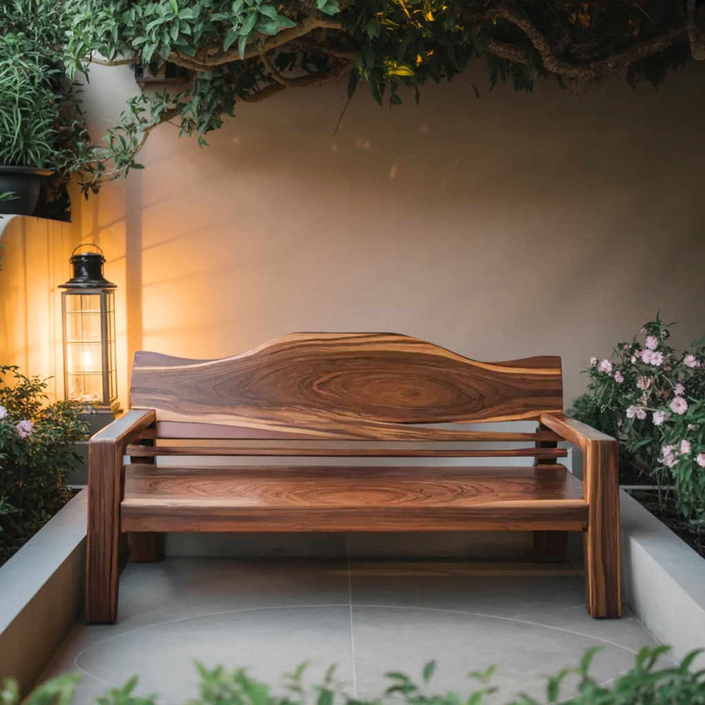 Rustic Outdoor Wooden Bench With Curved Backrest For Garden Or Porch