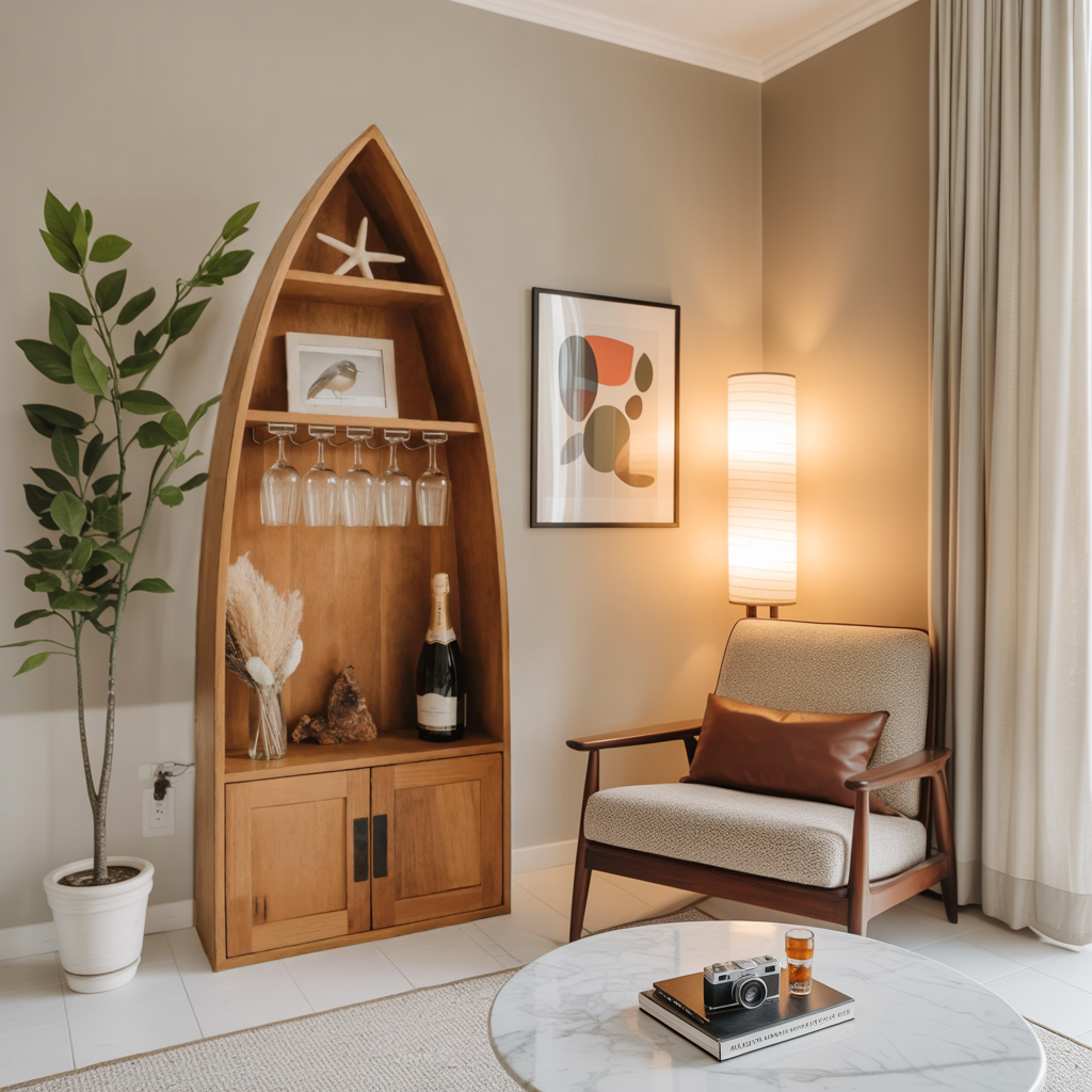 Coastal Boat Shaped Shelf With Glass Rack For Beach House And Living Room