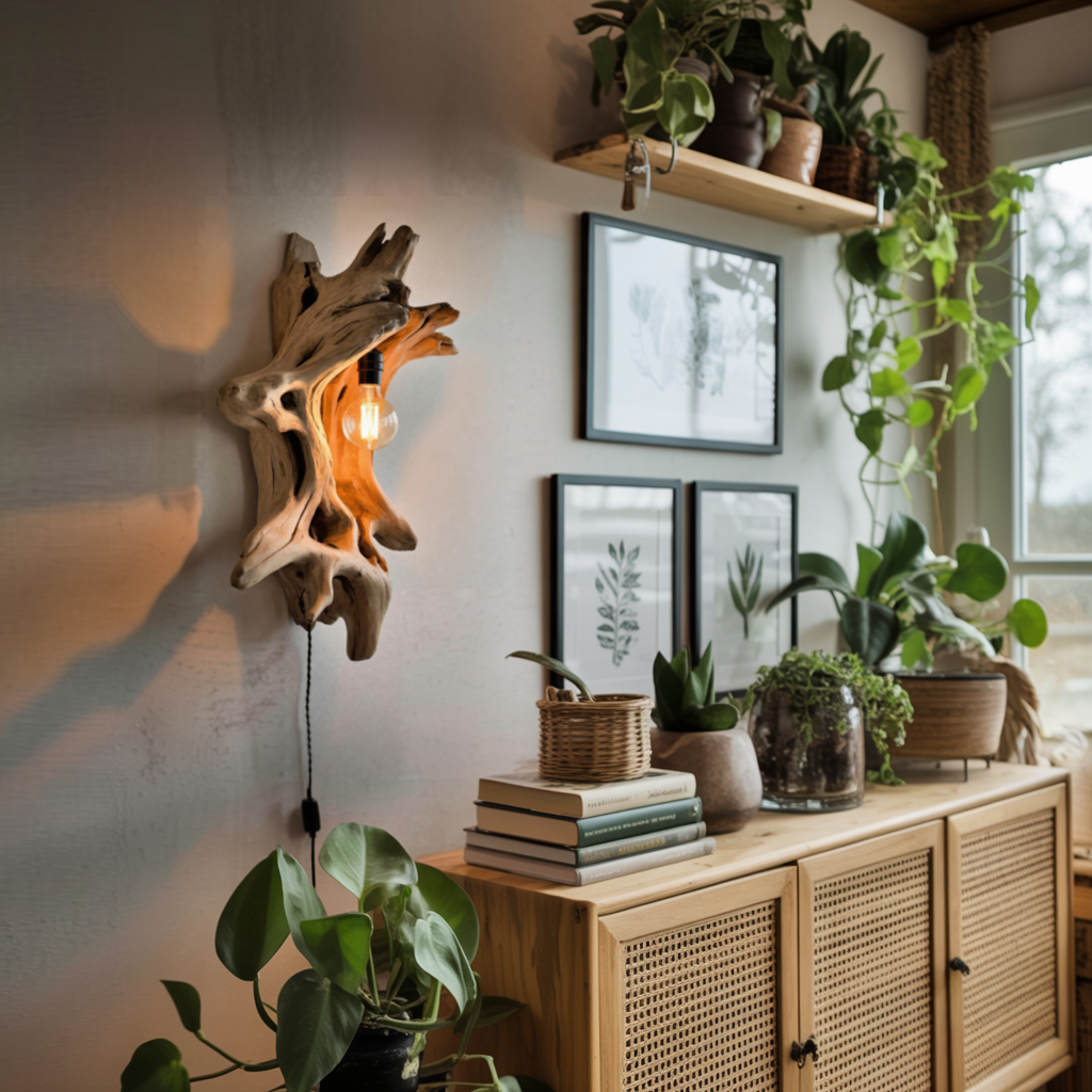 Driftwood Wall Lamp With Carved Form For Rustic Modern Living Room