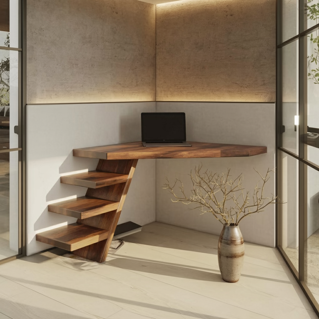 Minimalist Floating Corner Desk With Shelves For Small Home Office Workspace