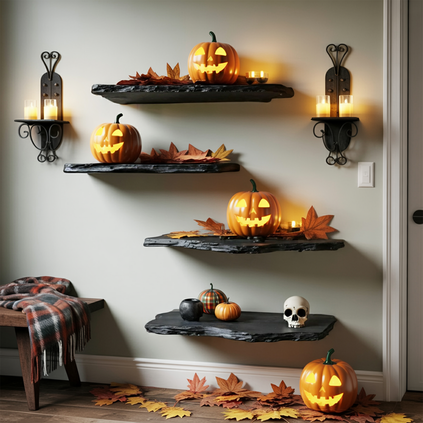 Handcrafted Wooden Floating Shelf For Bedroom Artistic Halloween Wall Decor