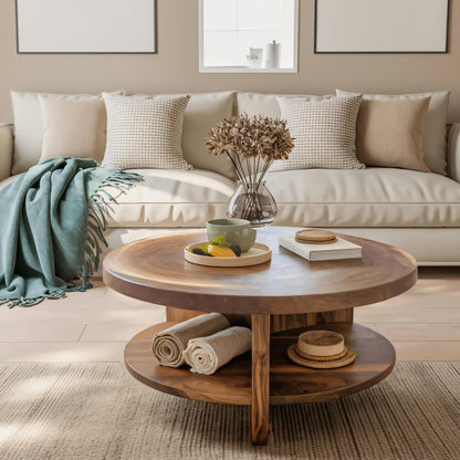 Tropical Round Coffee Table With Shelf For Coastal Living Room And Lounge