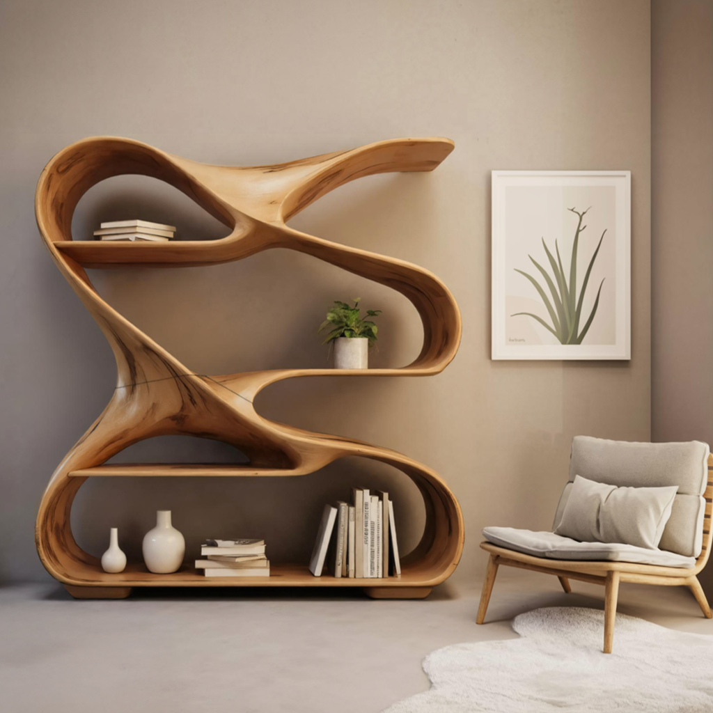 Modern Sculptural Wooden Bookshelf For Living Room Or Office Display