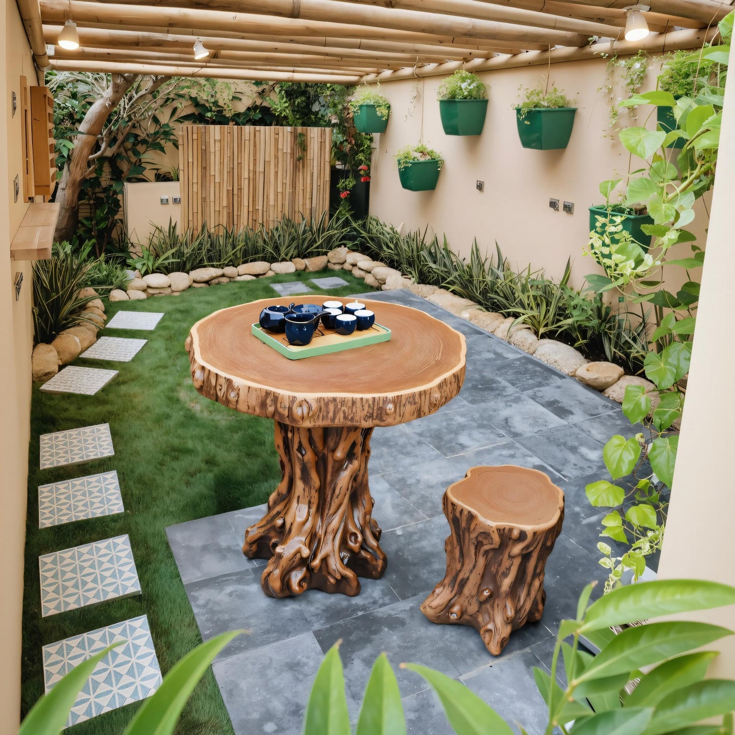 Rustic Tree Trunk Outdoor Table And Stump Seat For Garden And Patio