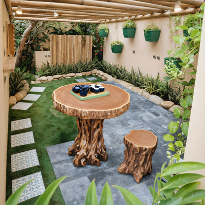 Rustic Tree Trunk Outdoor Table And Stump Seat For Garden And Patio