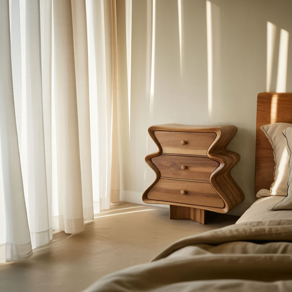 Wavy Sculptural Wood Cabinet 3 Drawer Chest For Bedroom Or Living Room