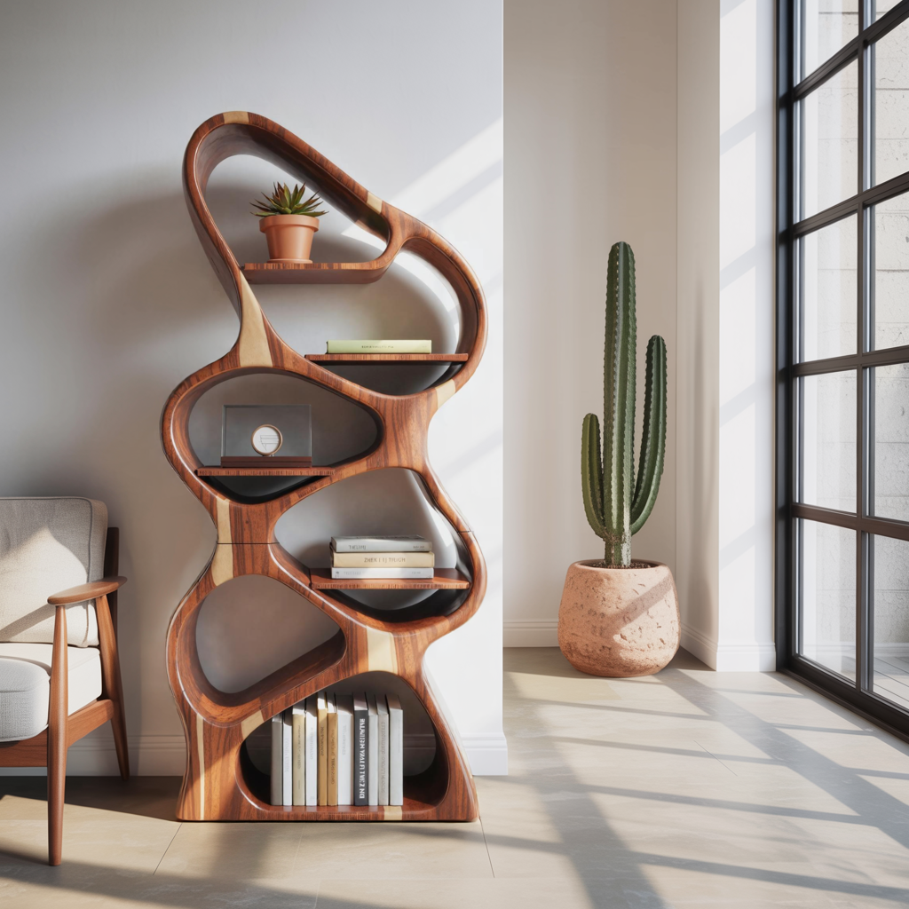 Modern Sculptural Bookshelf With Flowing Shelves For Home Library And Living Room