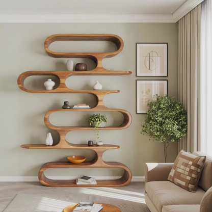 Mid Century Modern Wall Shelf With Flowing Shape For Living Room And Office