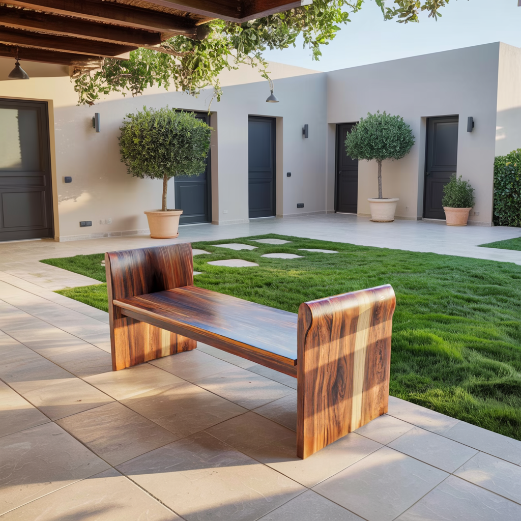 Contemporary Wood Bench With Rounded Armrests For Porch Or Garden