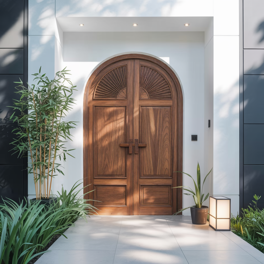 Mediterranean Arched Entry Door With Carved Sunburst For Garden And Villa