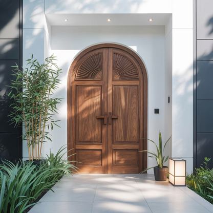 Mediterranean Arched Entry Door With Carved Sunburst For Garden And Villa