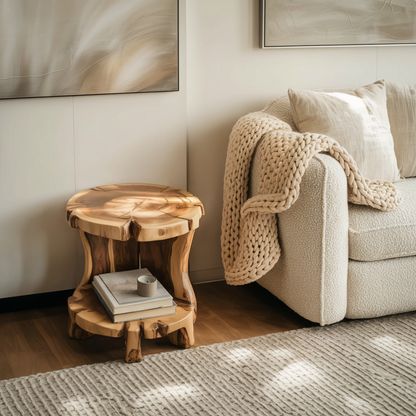 Rustic Round Side Table With Two Tier For Living Room And Bedside