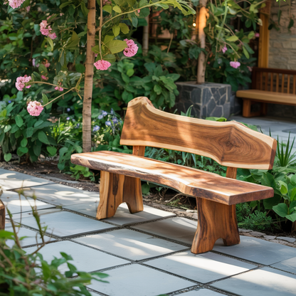 Rustic Live Edge Outdoor Bench With Curved Back For Patio Or Garden