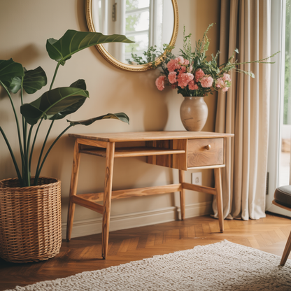 Minimalist Wooden Desk With Drawer And Keyboard Shelf For Home Office