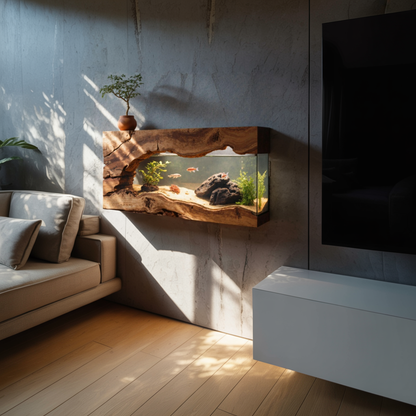 Wall Mounted Aquarium With Driftwood Frame For Living Room And Office
