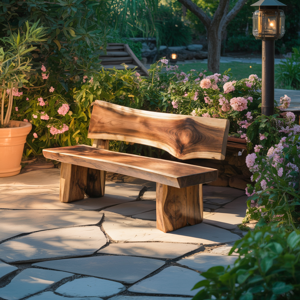 Contemporary Outdoor Wood Bench With Sculpted Back For Patio Or Courtyard