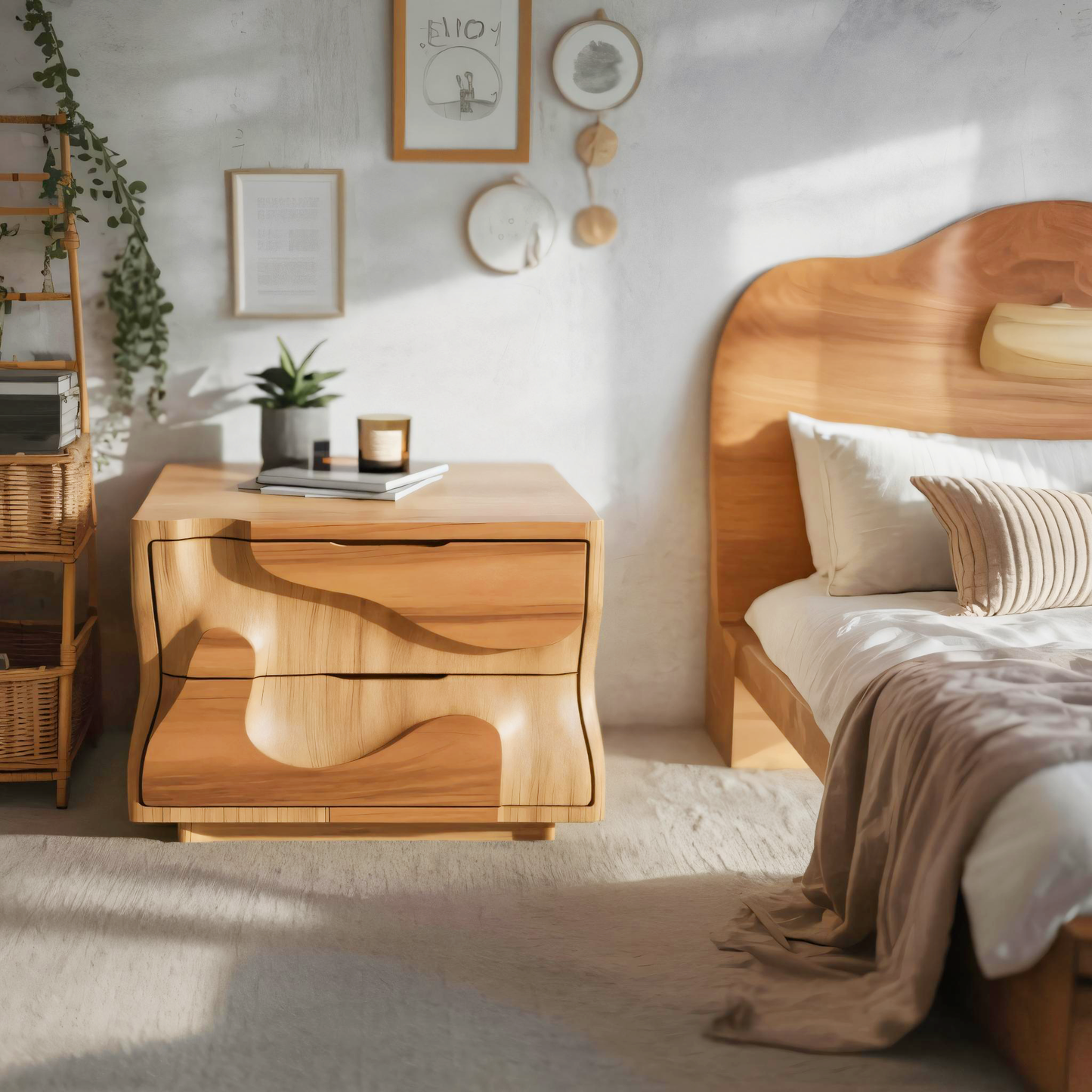 Modern Wavy Nightstand with Carved Drawer Cabinet For Bedroom And Living Room