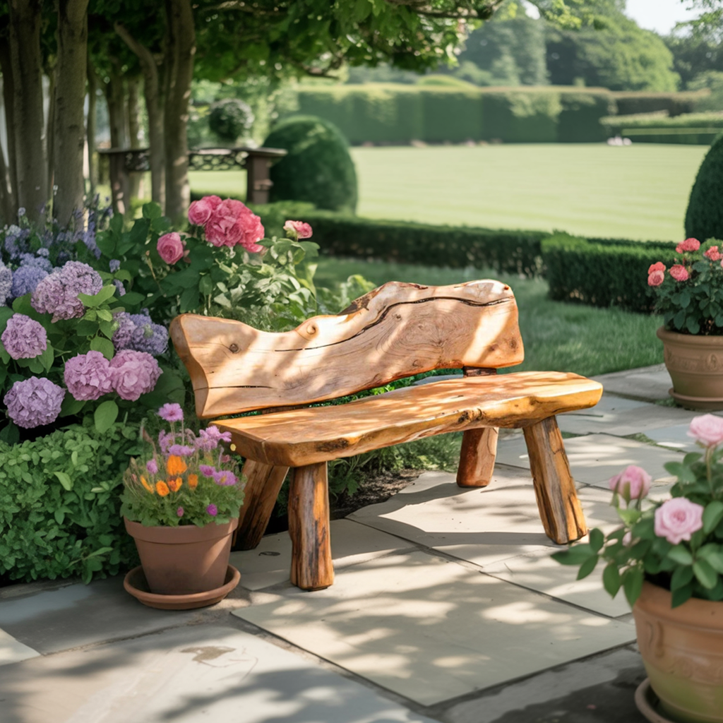 Rustic Live Edge Garden Bench For Patio Backyard And Forest Cabin