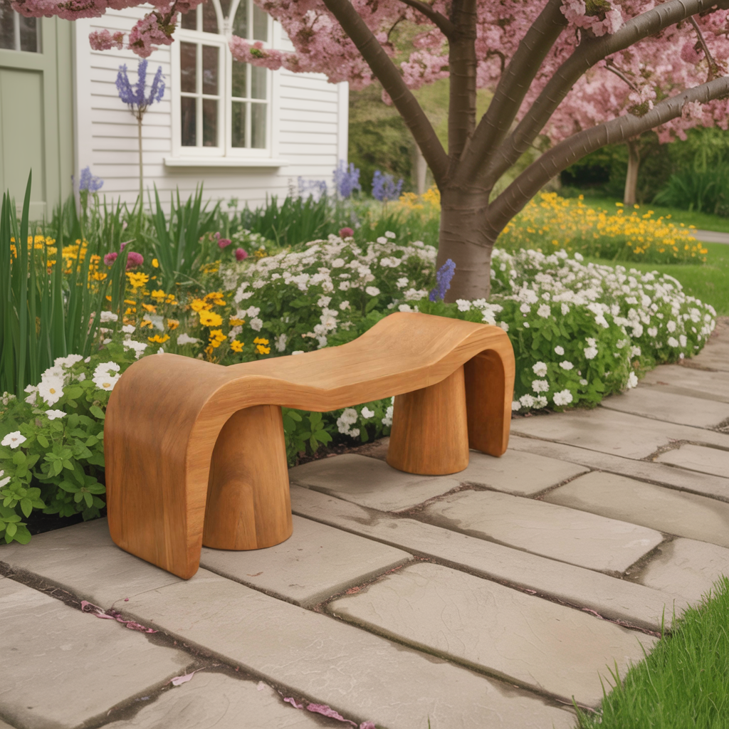 Contemporary Sculpted Wood Bench For Garden Or Patio