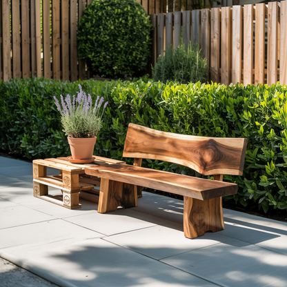 Contemporary Outdoor Wood Bench With Sculpted Back For Patio Or Courtyard