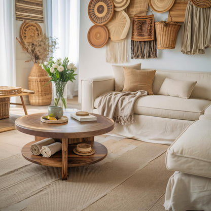 Tropical Round Coffee Table With Shelf For Coastal Living Room And Lounge