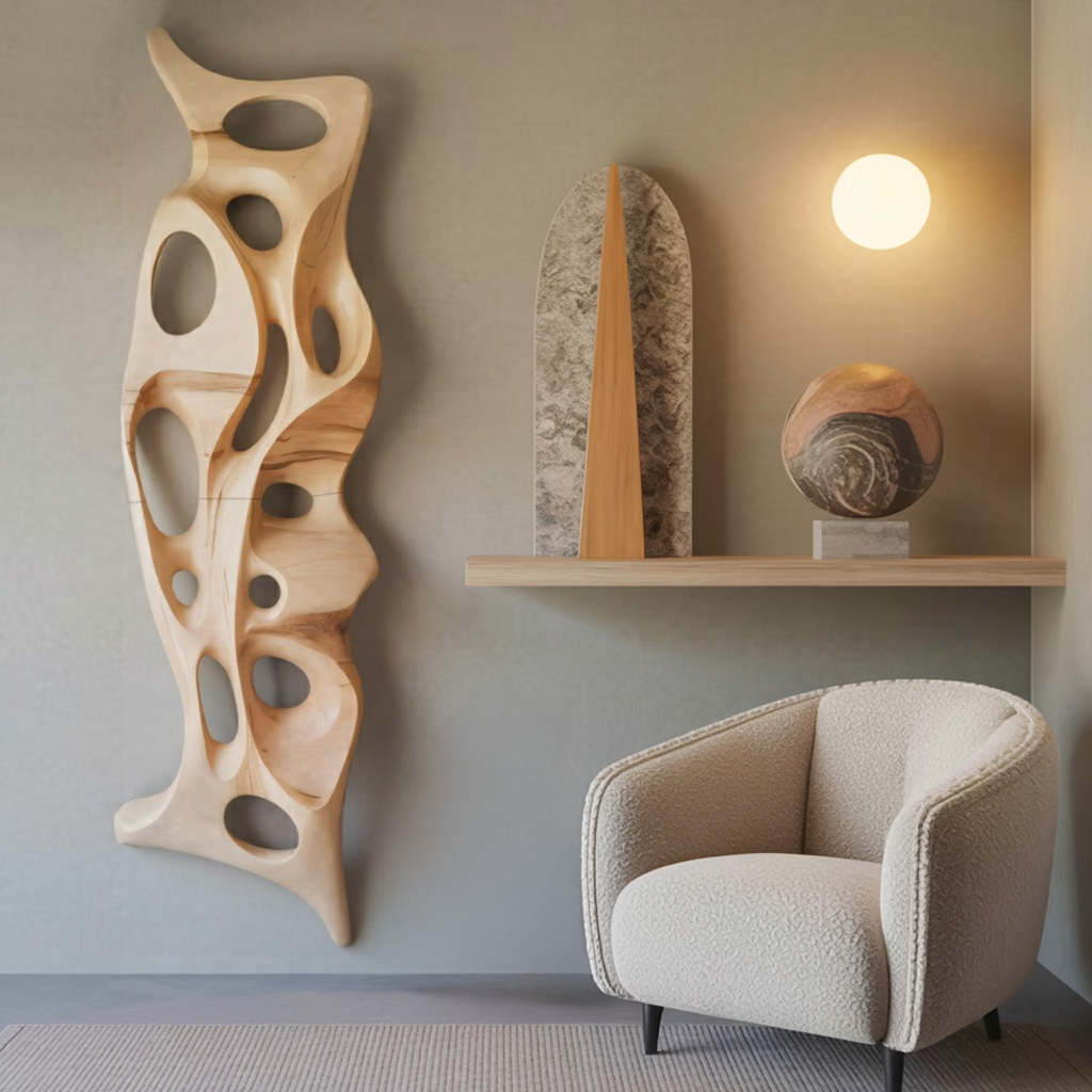 Organic Wall Sculpture Shelf Carved Display Piece For Living Room And Hallway