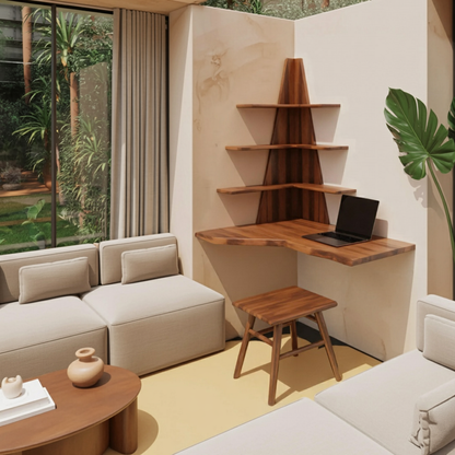 Modern Floating Corner Desk With Tree Shelves For Home Office And Apartment