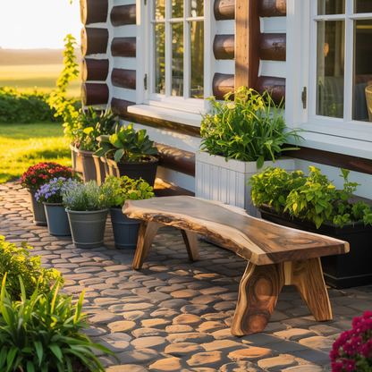 Rustic Live Edge Wooden Bench For Patio Or Garden