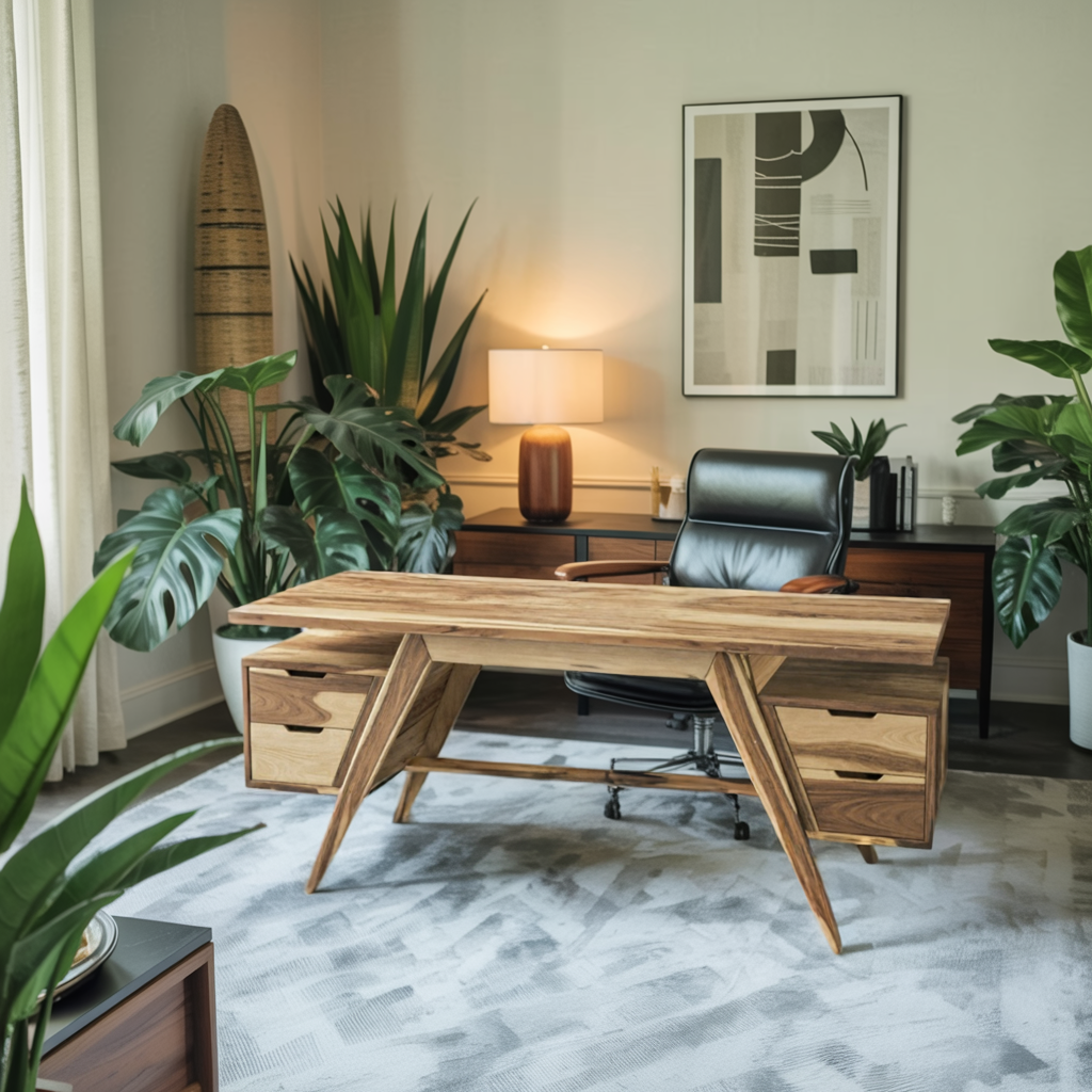 Modern Executive Wooden Desk With Angled Legs And Drawers For Home Office